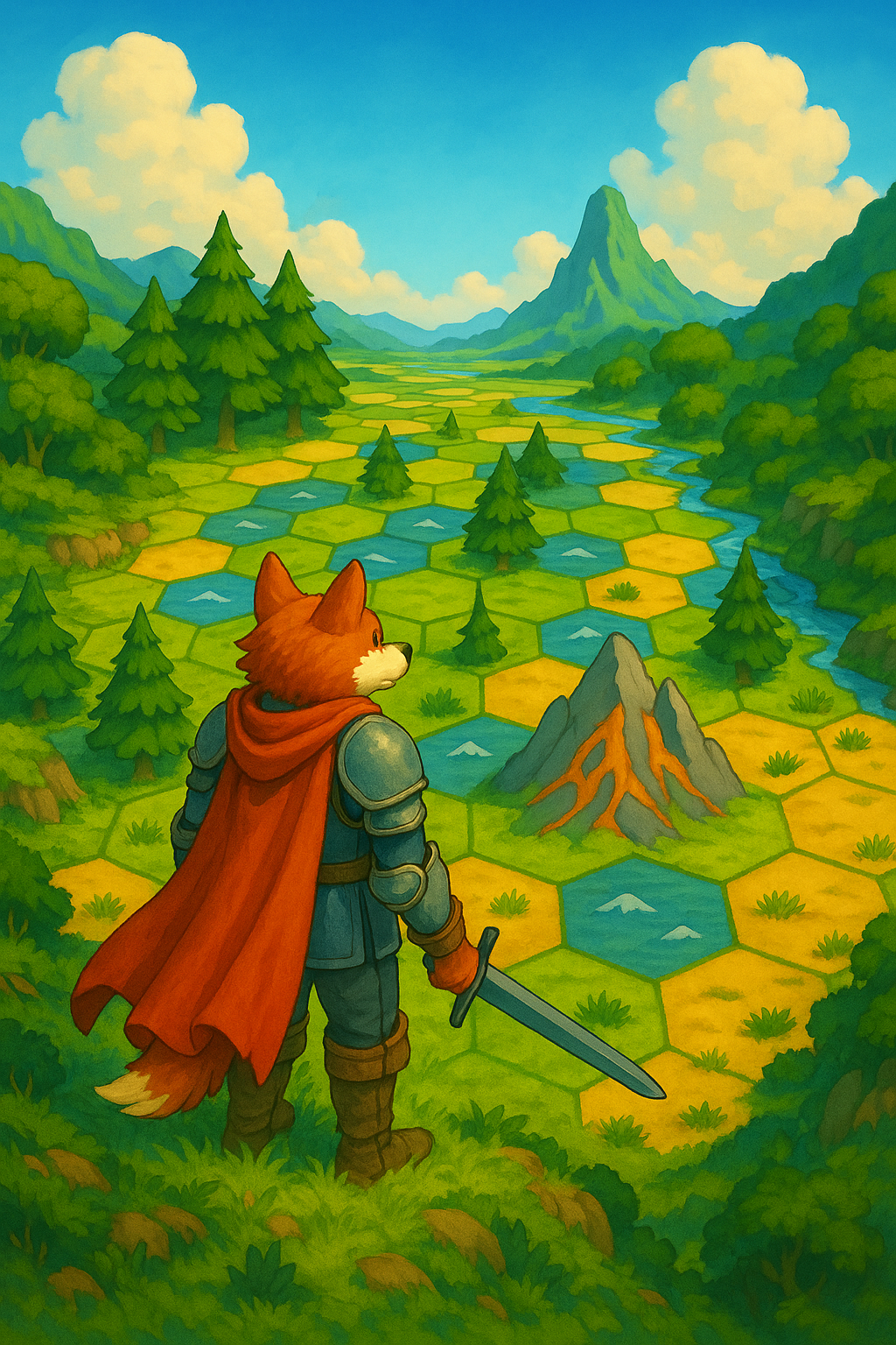 A fox knight overlooking the colourful hex-tile valley of Fields of Revik